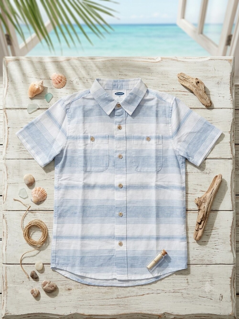 Old Navy Blue and White Striped Short-Sleeve Button Shirt